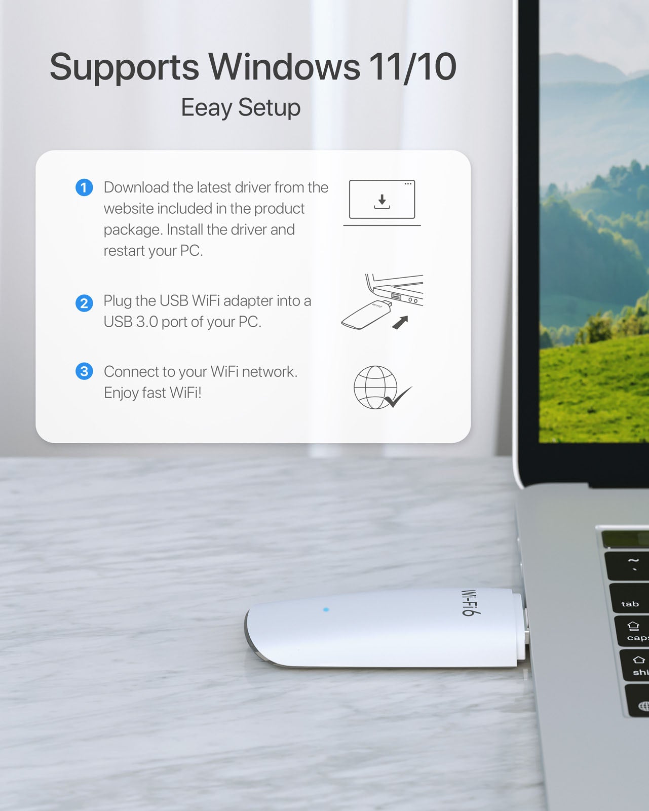 Easy to set up the wifi 6 wireless usb adapter with pre-loaded driver.